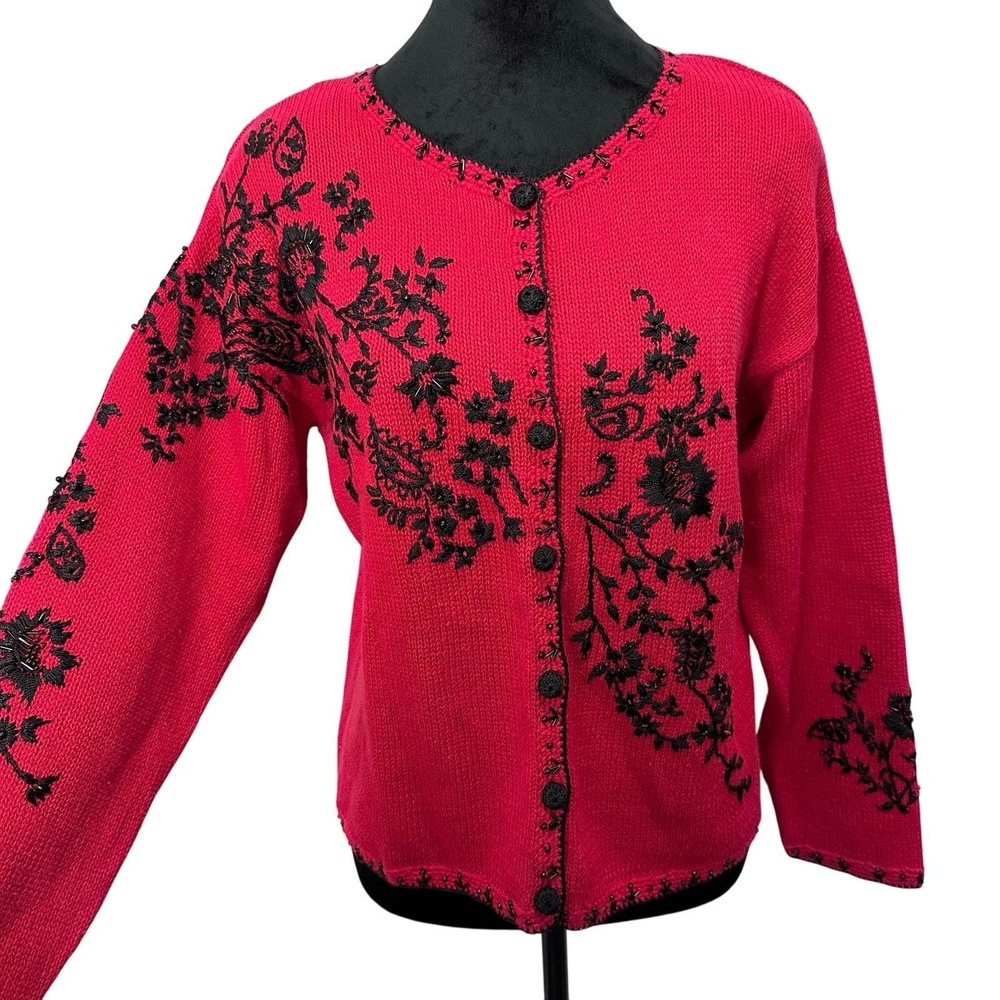 Heirloom Collectible Cardigan MP Red Black Beaded Floral Embroidered Vintage